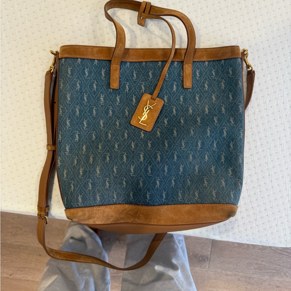 Yves Saint Laurent Blue and Brown Monogram Tote